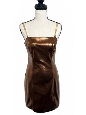 Betsey Johnson Bronze Metallic Mini Dress Chain Strap Bodycon Y2K‎ Party S